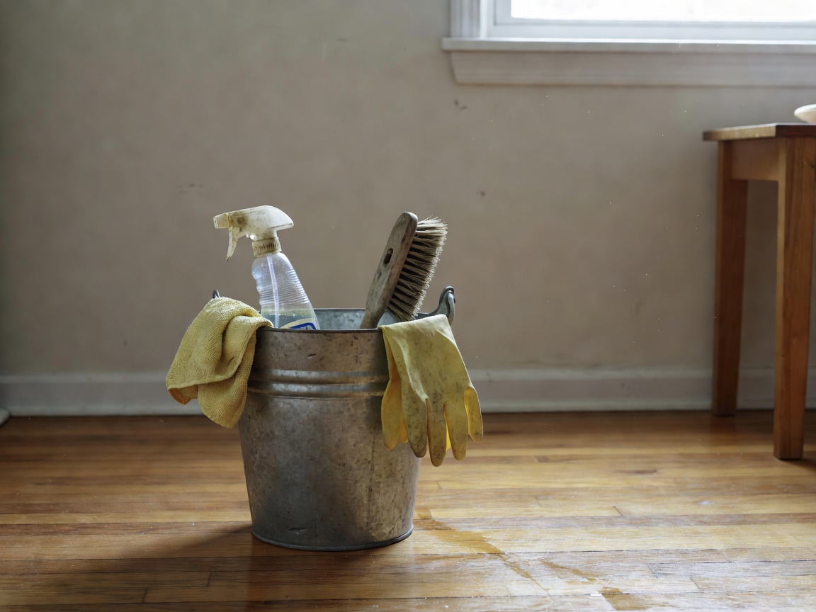 Authentic cleaning supplies and bucket in an ordinary home with natural daylight