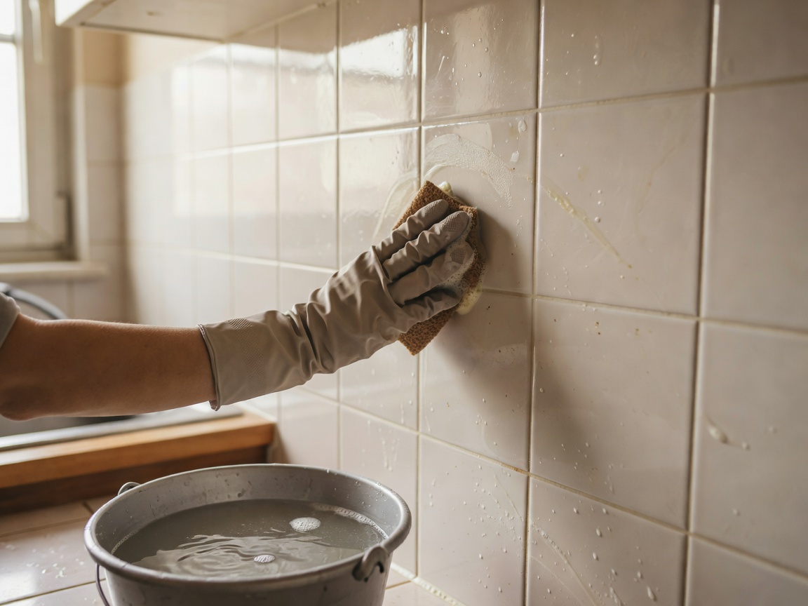 Authentic deep cleaning of kitchen tiles with natural lighting