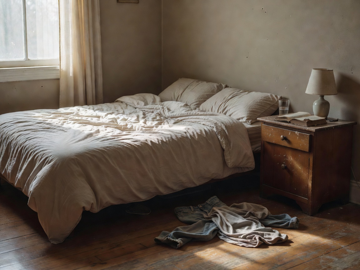 Authentic slightly lived-in bedroom with realistic lighting photographed in documentary style