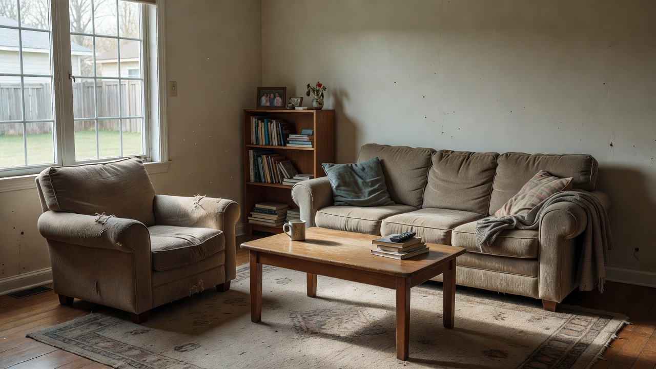 Authentic living room in an ordinary home with natural daylight and realistic furniture placement