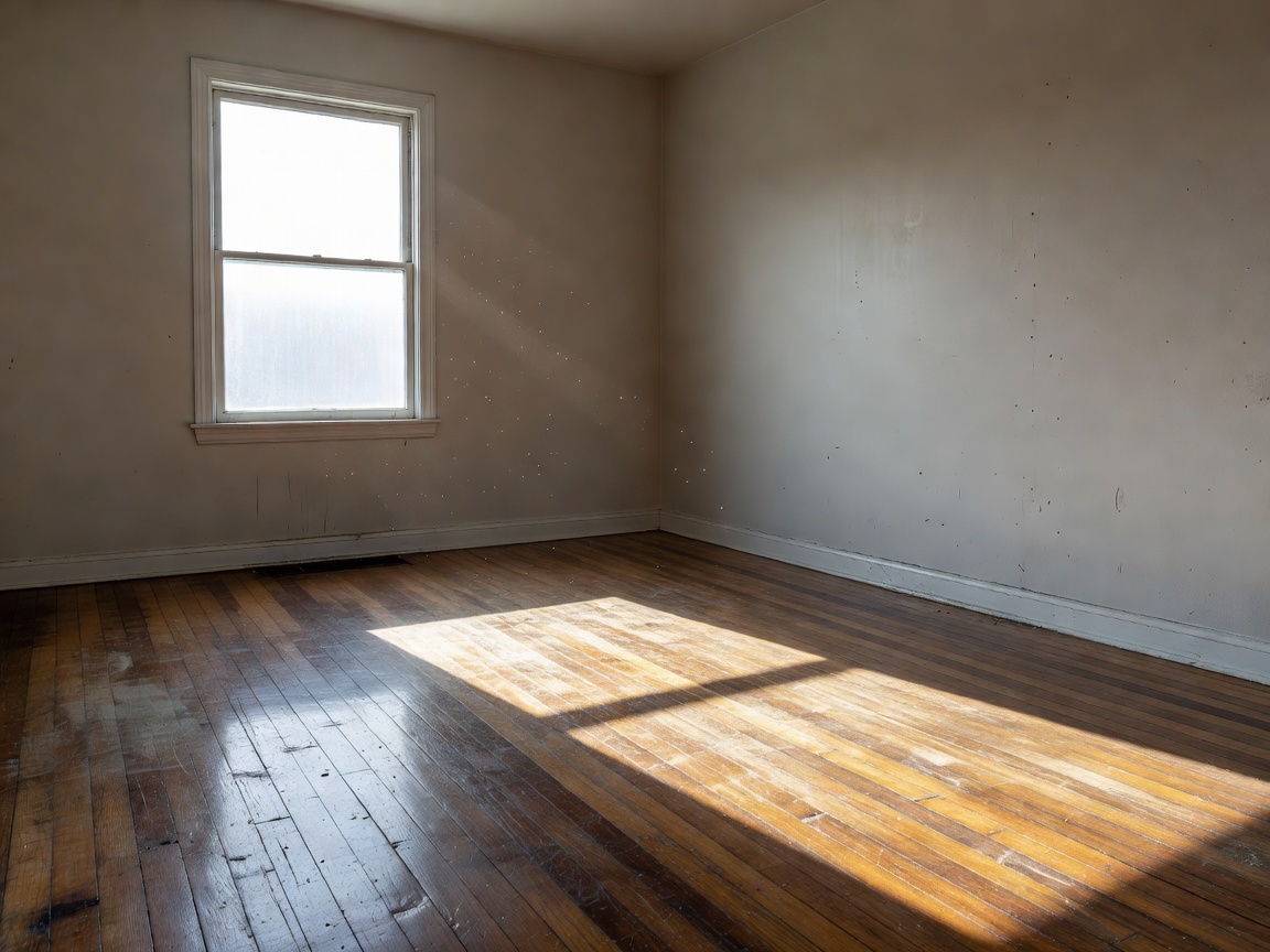 Photorealistic empty room for moving out with natural sunlight and realistic floors