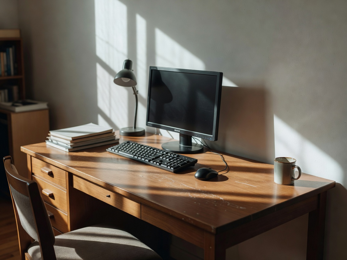 Photorealistic home office with an ordinary desk and natural shadows in documentary style
