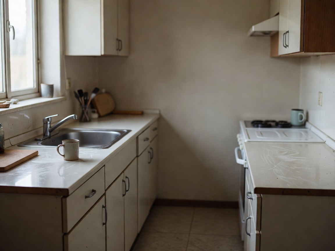 Photorealistic ordinary home kitchen with wiped counters and natural window light