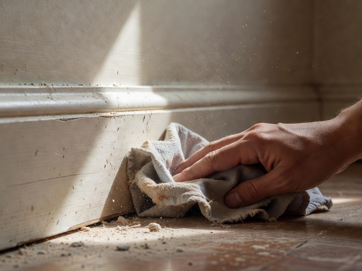 Photorealistic skirting board being cleaned with realistic dust in documentary style