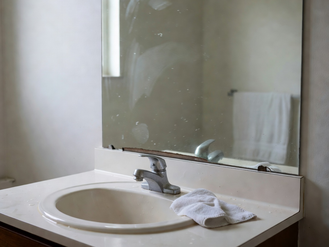 Realistic documentary style bathroom sink and mirror with natural lighting