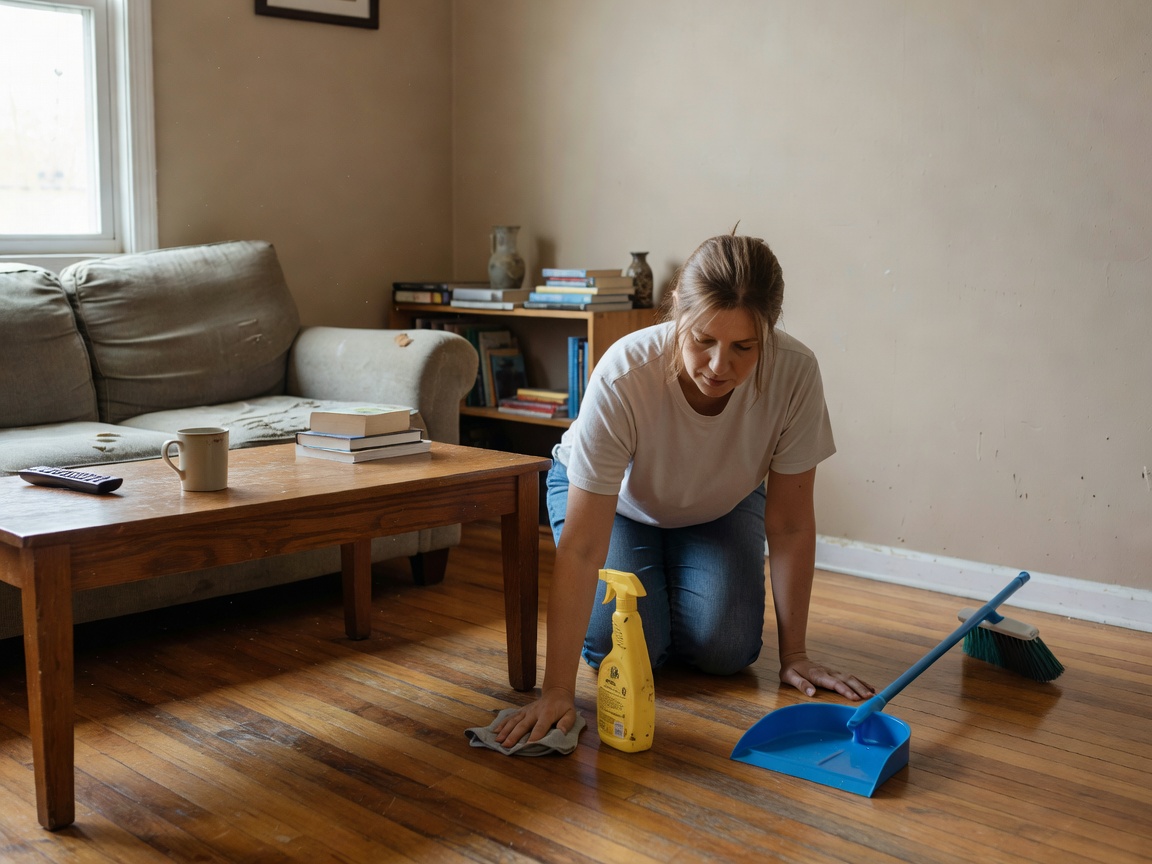 Realistic living room cleaning in an ordinary home with natural proportions